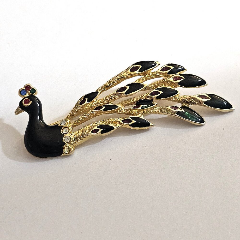 🦚 Vintage Peacock Brooch Pin Gold Tone Black Enamel and Rhinestones
